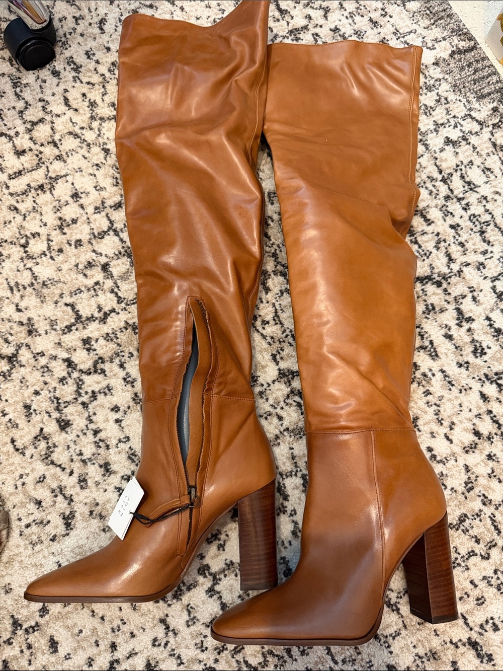 Zara Tall Pointed-Toe Leather Over-the-Knee Boots in Cognac Brown